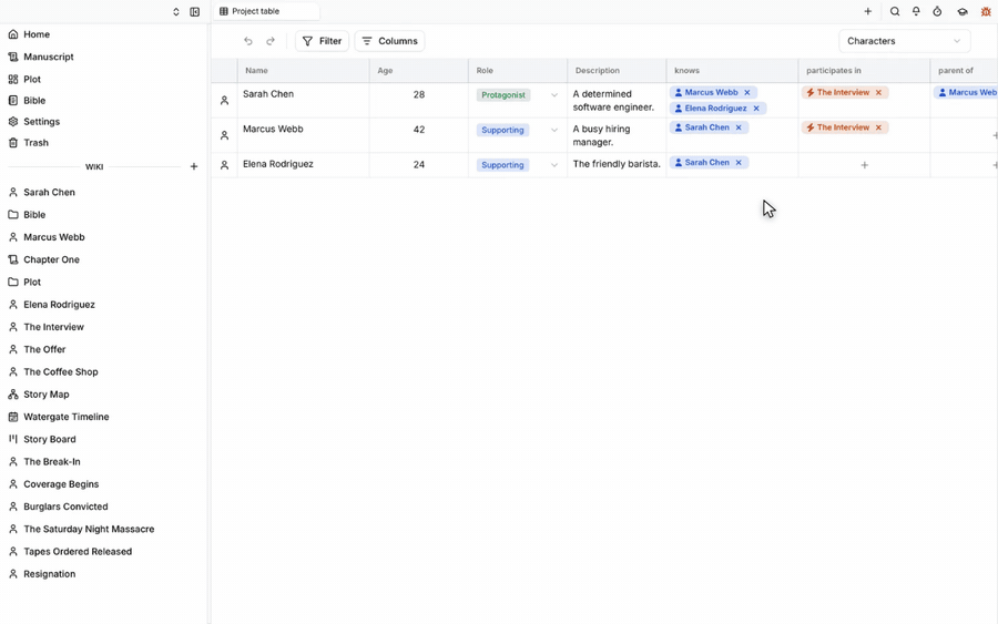 The Scriptorium Kanban board view of story entities