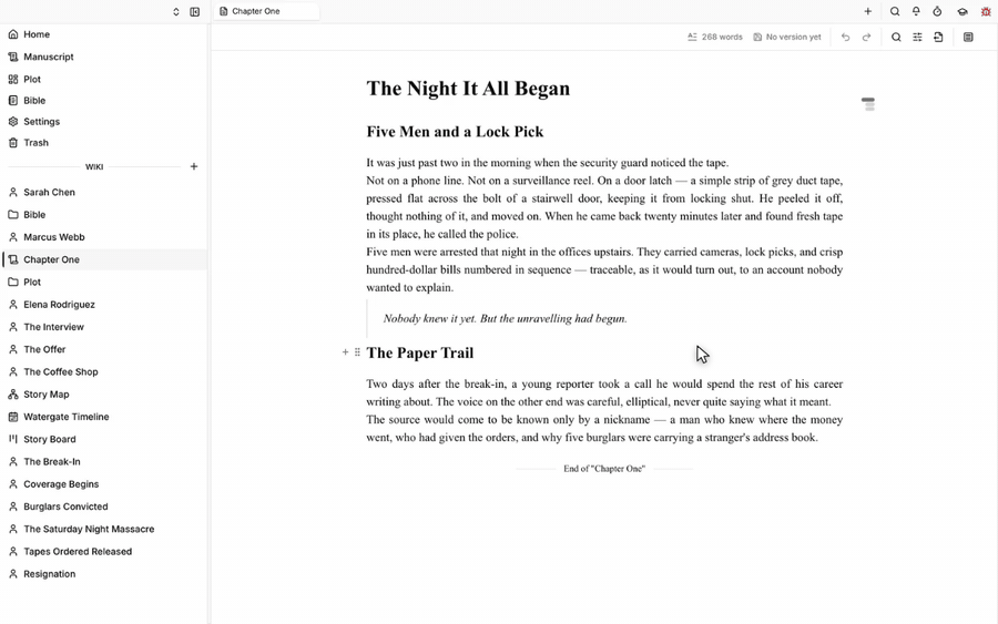 Writing in the Scriptorium editor beside a nested manuscript sidebar