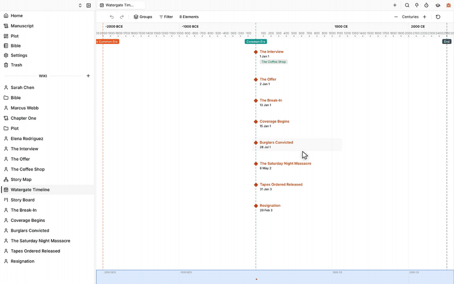 Placing events on a zoomable timeline in Scriptorium